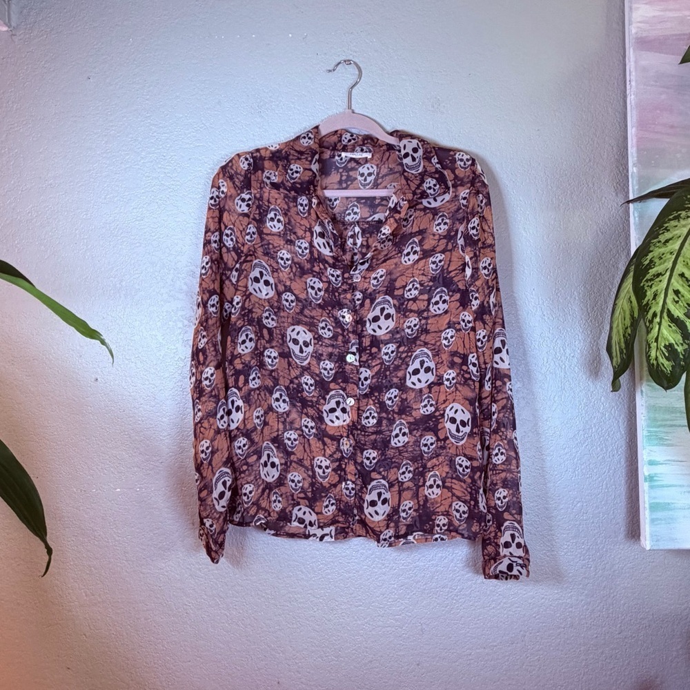 Poetry Sheer Whimsigoth Brown White Goth Bohemian Skull Print Button-Up Shirt L